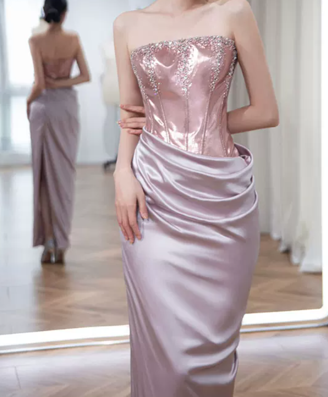 Sleek Strapless Purple Prom Dress Sequins Satin Sheath Evening Dress C8902