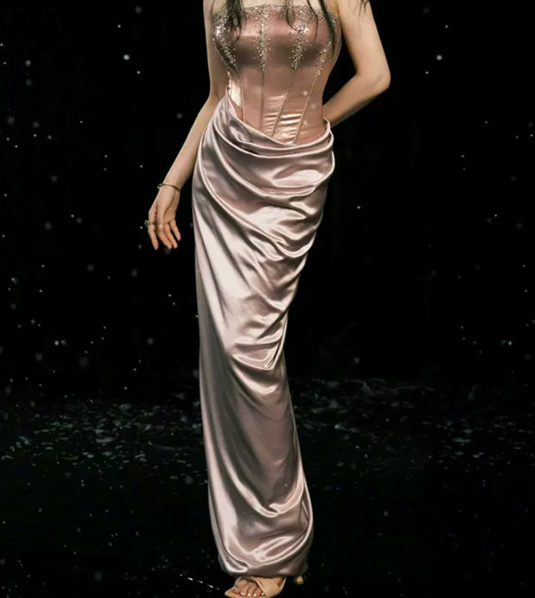 Sleek Strapless Purple Prom Dress Sequins Satin Sheath Evening Dress C8902
