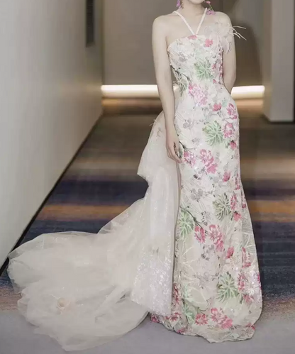 Robe de bal de princesse bustier à volants en satin long, robe de soirée C8117