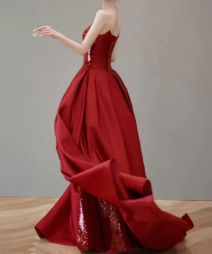 Playful Strapless Red Prom Dress Sequins High Slit A-Line Evening Dress C8908