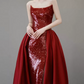 Playful Strapless Red Prom Dress Sequins High Slit A-Line Evening Dress C8908