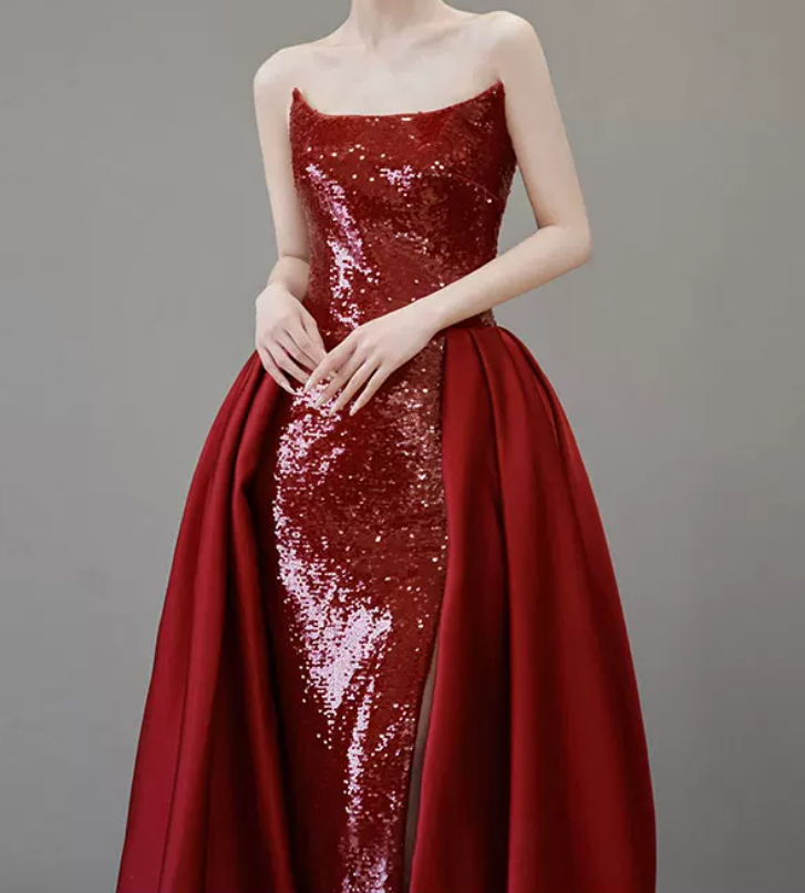 Playful Strapless Red Prom Dress Sequins High Slit A-Line Evening Dress C8908