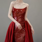 Playful Strapless Red Prom Dress Sequins High Slit A-Line Evening Dress C8908