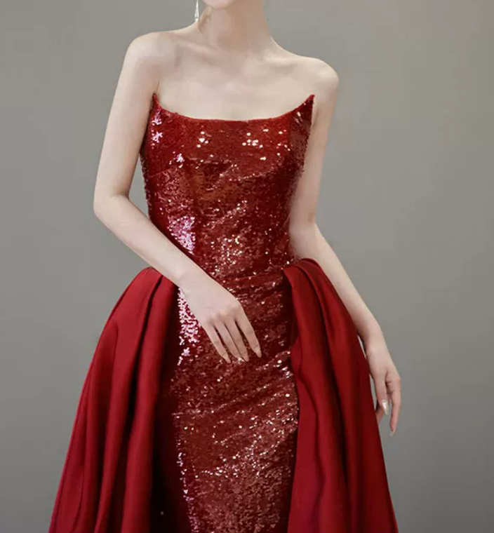 Playful Strapless Red Prom Dress Sequins High Slit A-Line Evening Dress C8908