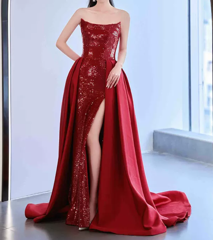 Playful Strapless Red Prom Dress Sequins High Slit A-Line Evening Dress C8908