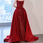 Playful Strapless Red Prom Dress Sequins High Slit A-Line Evening Dress C8908