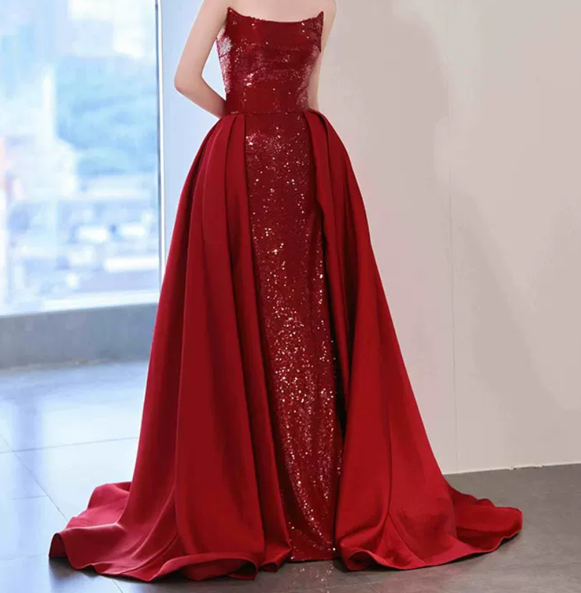 Playful Strapless Red Prom Dress Sequins High Slit A-Line Evening Dress C8908