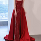 Playful Strapless Red Prom Dress Sequins High Slit A-Line Evening Dress C8908