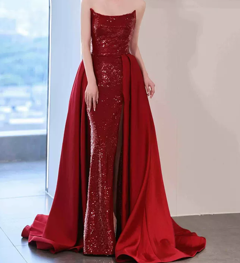 Playful Strapless Red Prom Dress Sequins High Slit A-Line Evening Dress C8908
