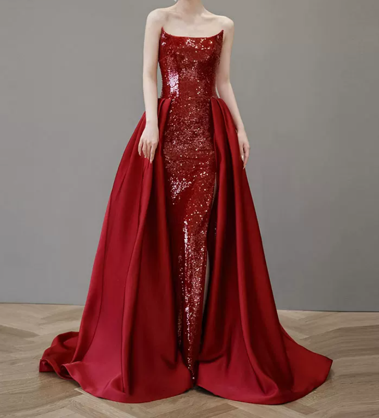 Playful Strapless Red Prom Dress Sequins High Slit A-Line Evening Dress C8908