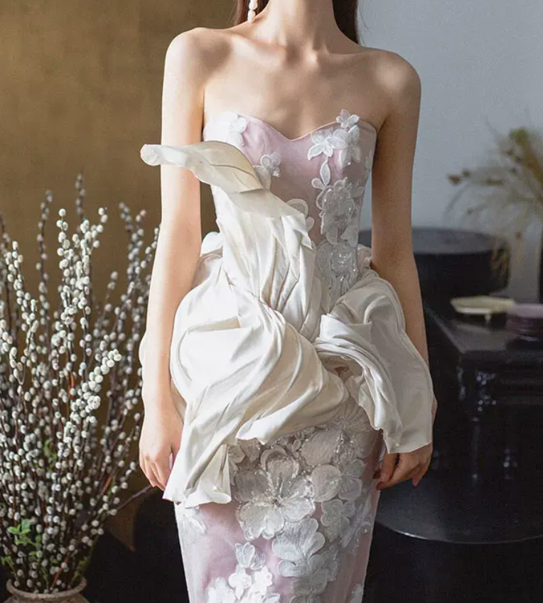 Robe de bal de princesse bustier à volants en satin long, robe de soirée C8117