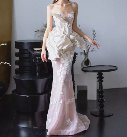 Robe de bal de princesse bustier à volants en satin long, robe de soirée C8117