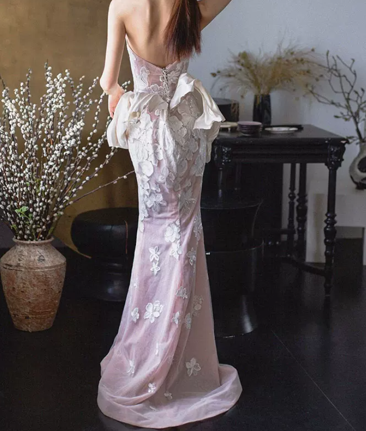 Robe de bal de princesse bustier à volants en satin long, robe de soirée C8117