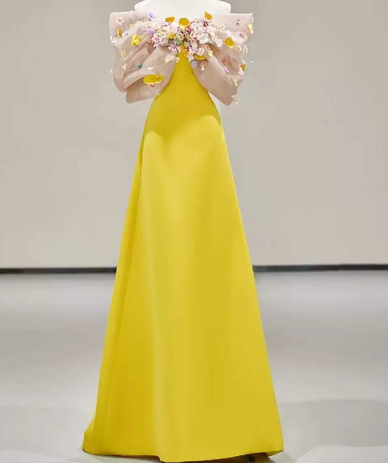 Elegant Off-Shoulder Yellow Prom Dress Appliques A-Line Evening Dress C8911