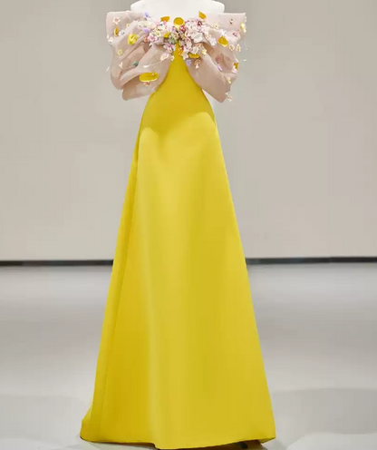 Elegant Off-Shoulder Yellow Prom Dress Appliques A-Line Evening Dress C8911