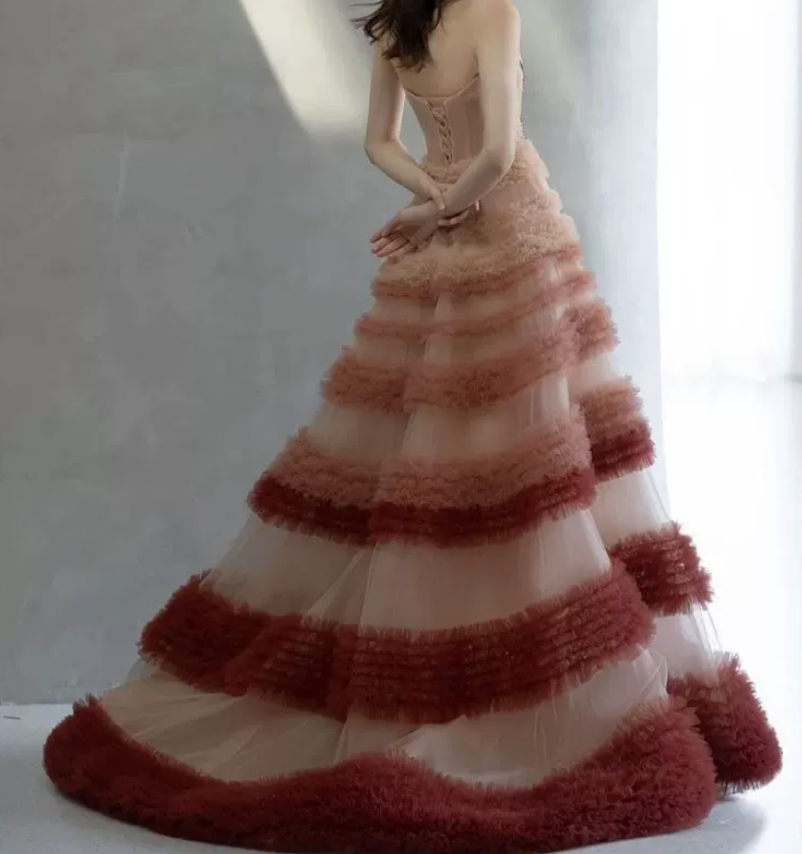 Dreamy Strapless Pink Prom Dress Floral Sequins Tiered A-Line Evening Dress C8912