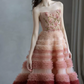 Dreamy Strapless Pink Prom Dress Floral Sequins Tiered A-Line Evening Dress C8912
