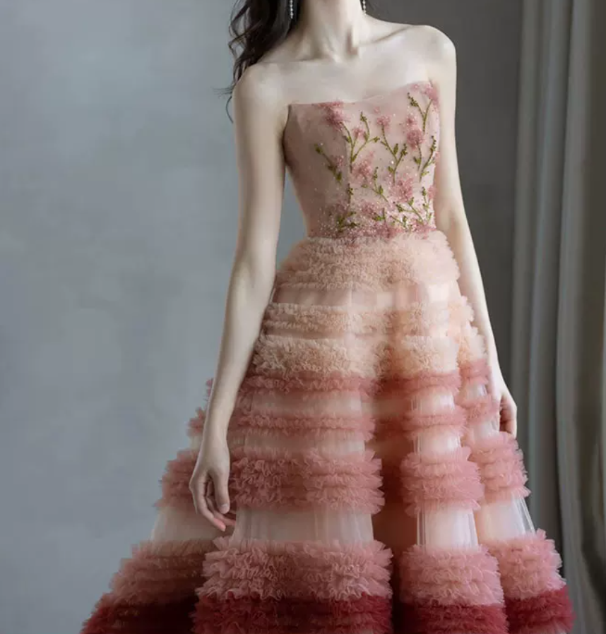 Dreamy Strapless Pink Prom Dress Floral Sequins Tiered A-Line Evening Dress C8912