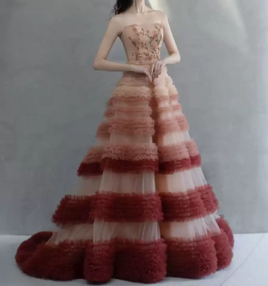 Dreamy Strapless Pink Prom Dress Floral Sequins Tiered A-Line Evening Dress C8912