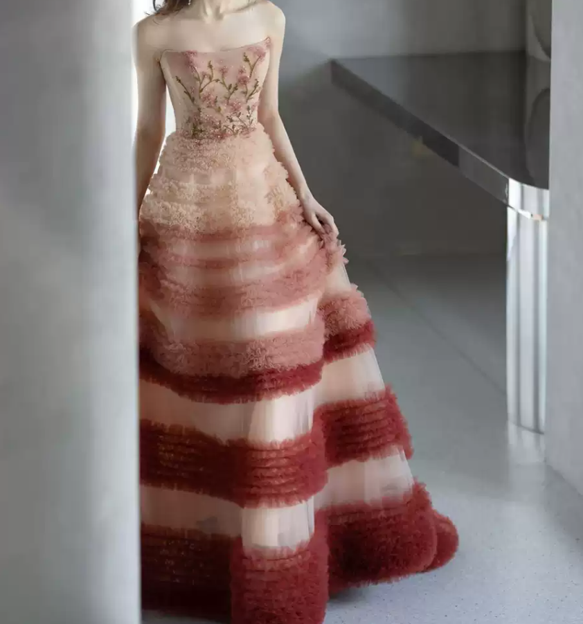 Dreamy Strapless Pink Prom Dress Floral Sequins Tiered A-Line Evening Dress C8912
