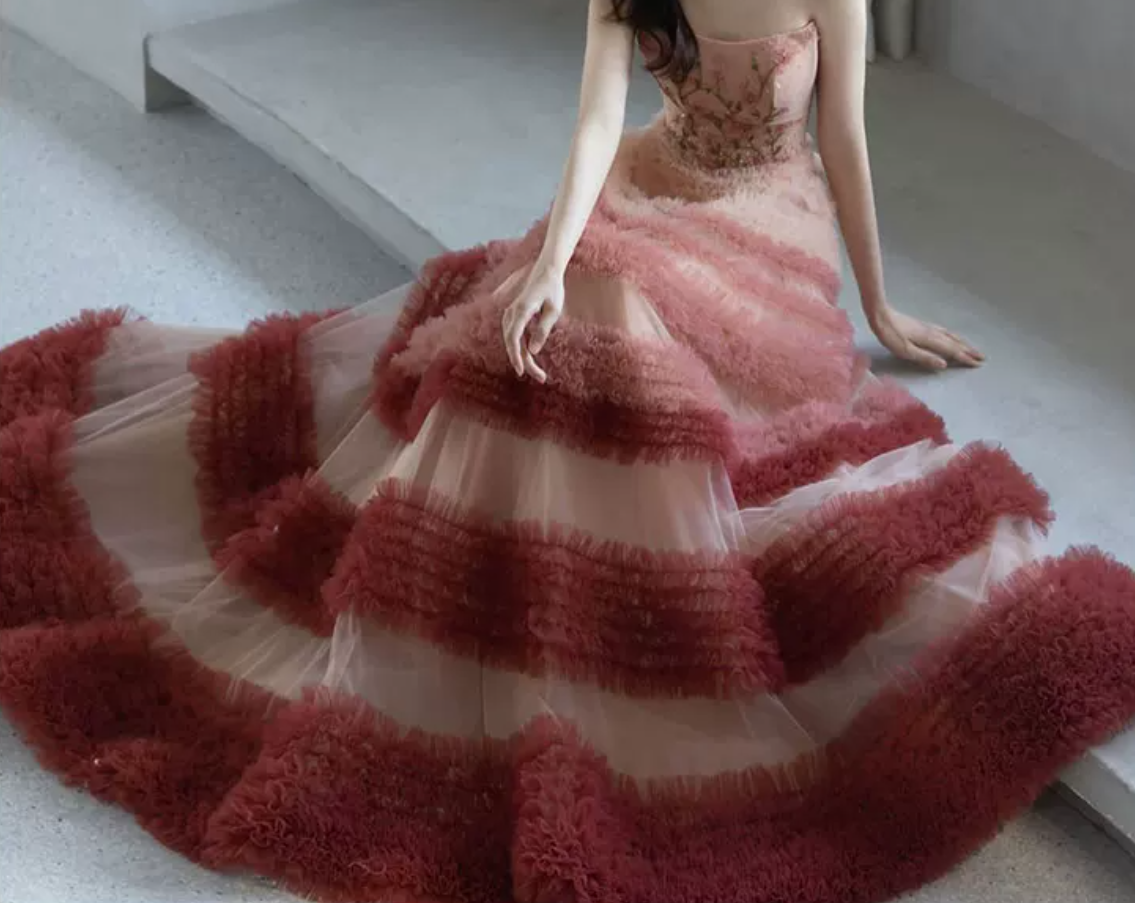 Dreamy Strapless Pink Prom Dress Floral Sequins Tiered A-Line Evening Dress C8912