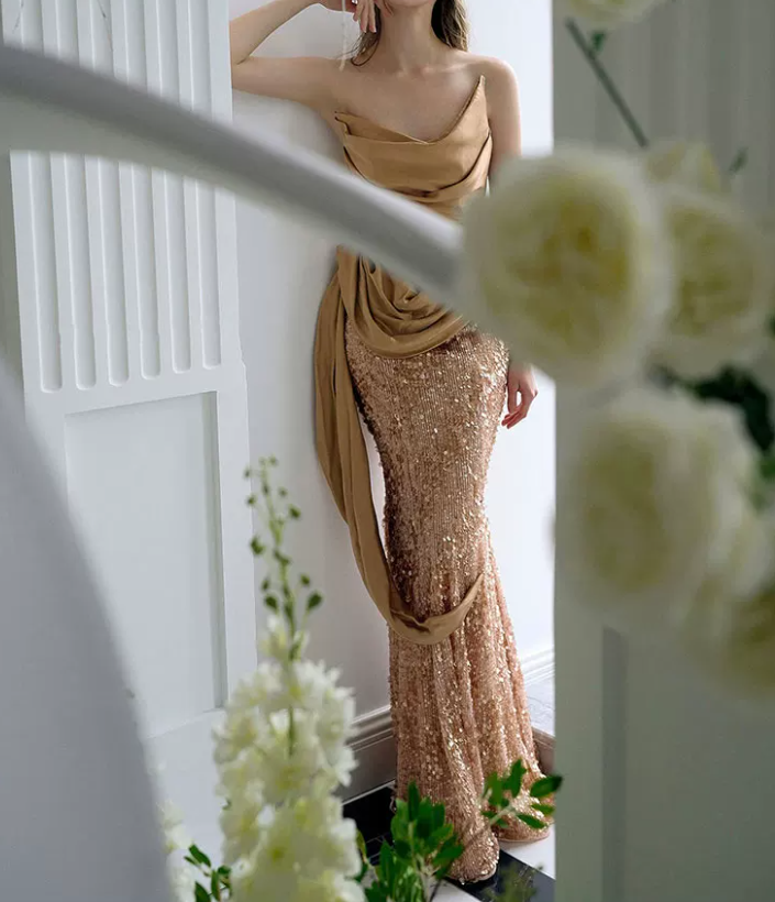 Sparkling Strapless Gold Prom Dress Sequins Mermaid Evening Dress C8914