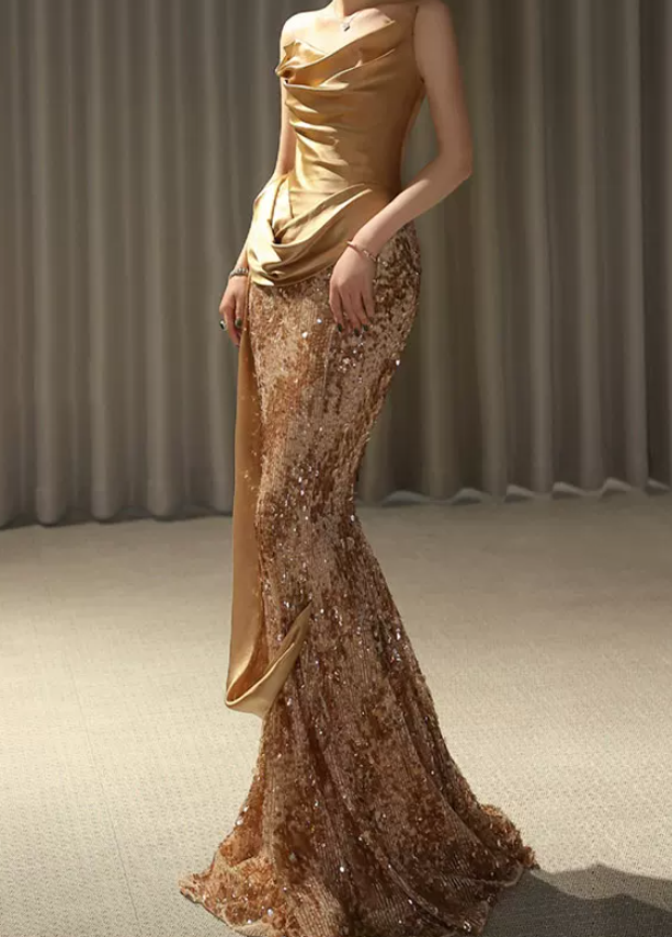 Sparkling Strapless Gold Prom Dress Sequins Mermaid Evening Dress C8914