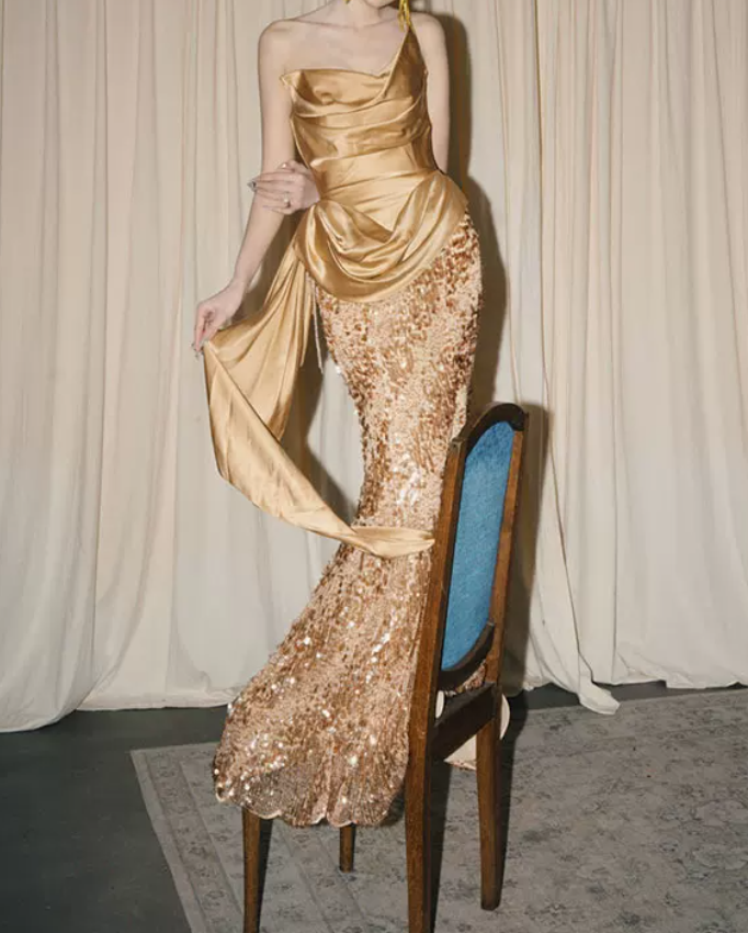Sparkling Strapless Gold Prom Dress Sequins Mermaid Evening Dress C8914