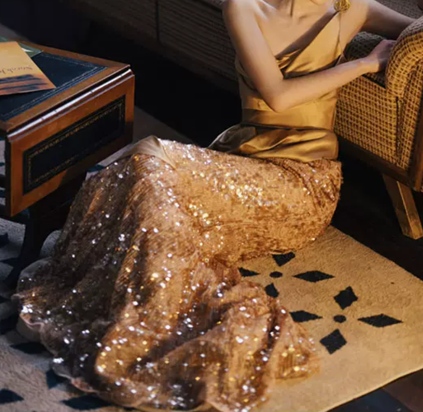 Sparkling Strapless Gold Prom Dress Sequins Mermaid Evening Dress C8914