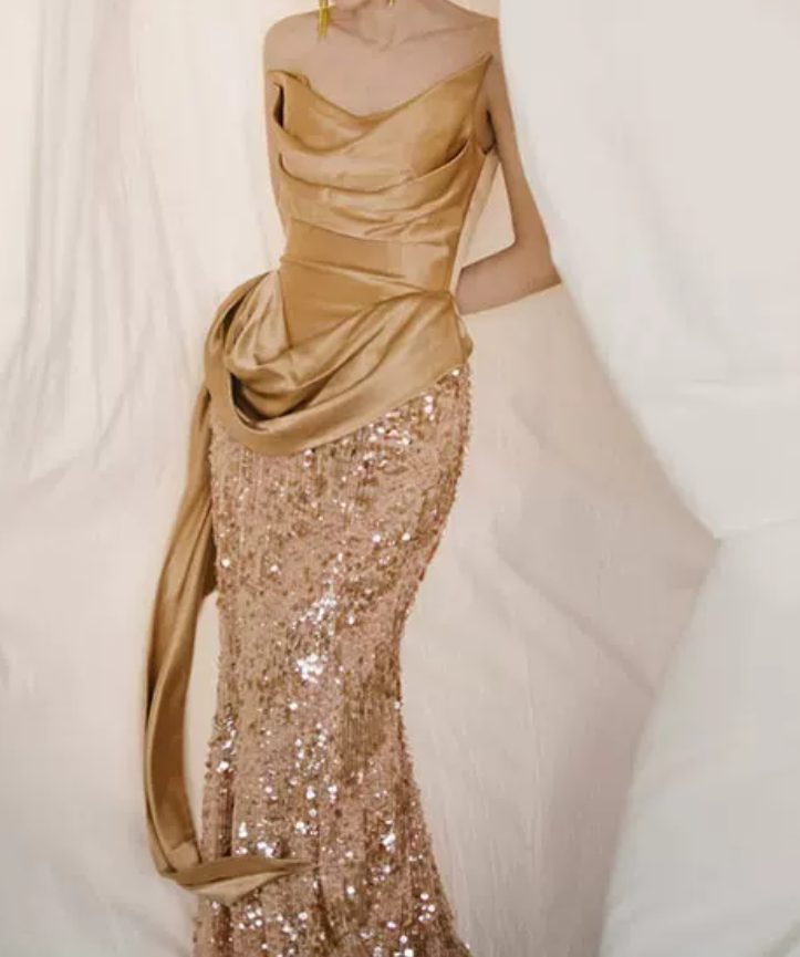Sparkling Strapless Gold Prom Dress Sequins Mermaid Evening Dress C8914