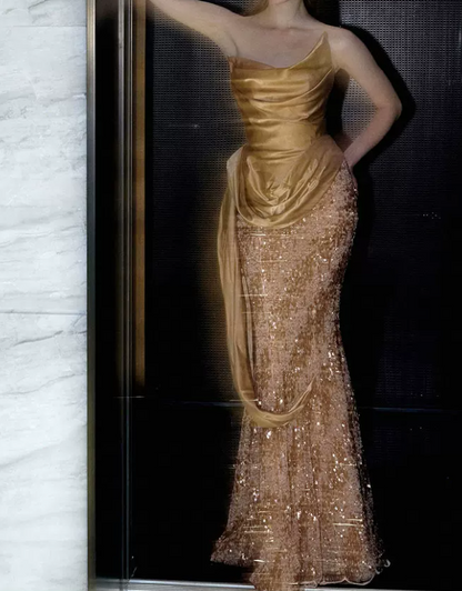 Sparkling Strapless Gold Prom Dress Sequins Mermaid Evening Dress C8914