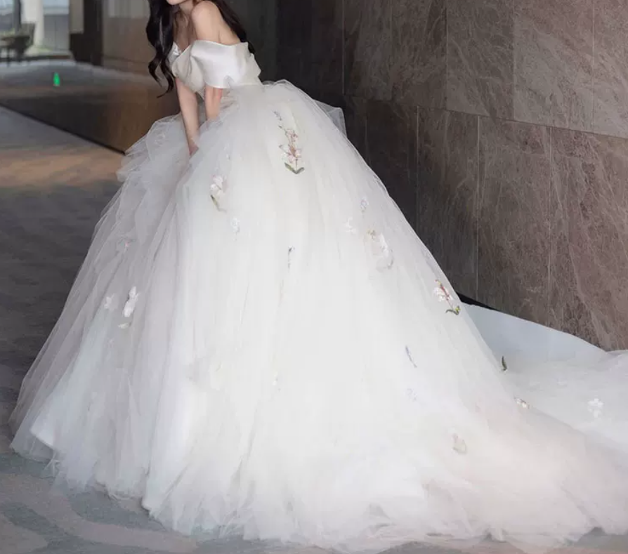 Graceful Off-Shoulder Floral Embroidered Wedding Dresses Tulle A-Line Bridal Dress C8916