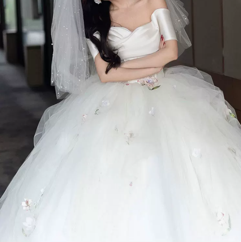Graceful Off-Shoulder Floral Embroidered Wedding Dresses Tulle A-Line Bridal Dress C8916