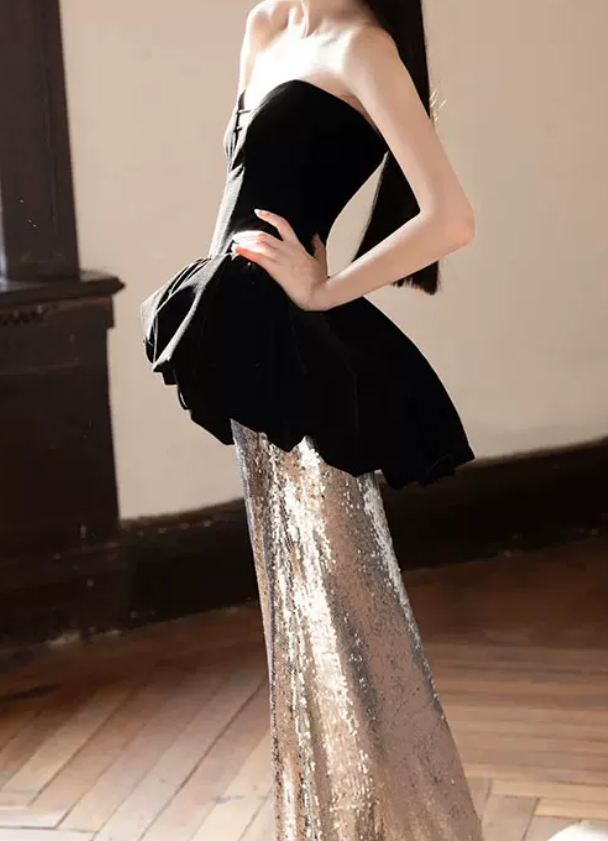 Glittering Strapless Black & Silver Prom Dress Sequins Mermaid Evening Dress C8917