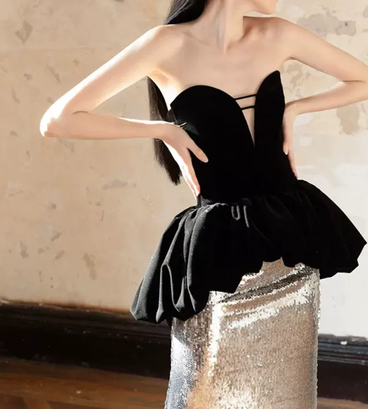 Glittering Strapless Black & Silver Prom Dress Sequins Mermaid Evening Dress C8917