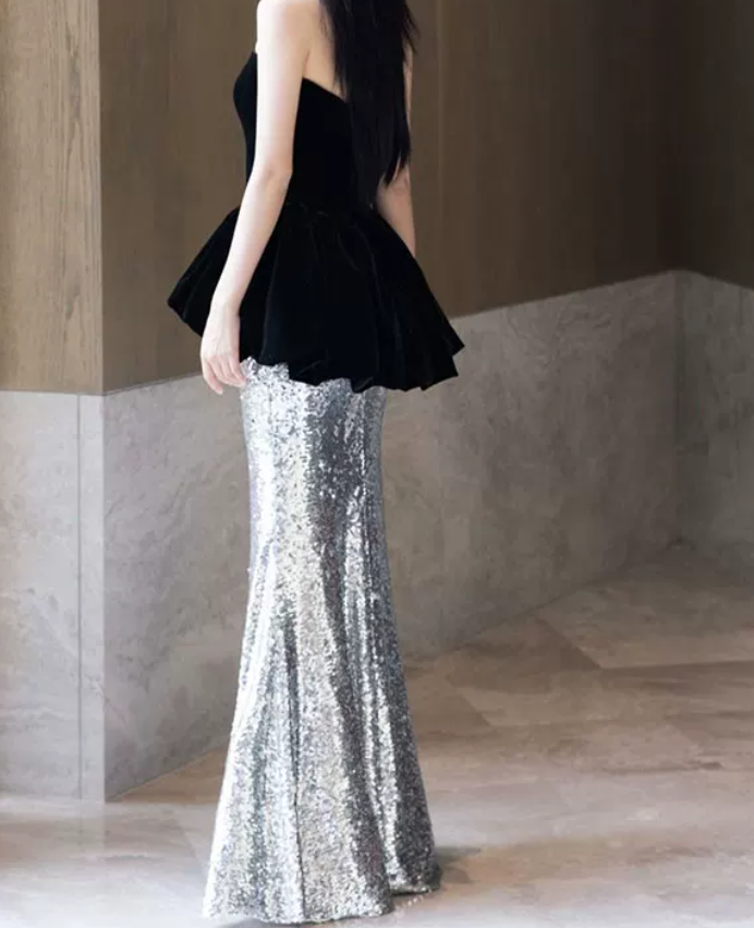 Glittering Strapless Black & Silver Prom Dress Sequins Mermaid Evening Dress C8917