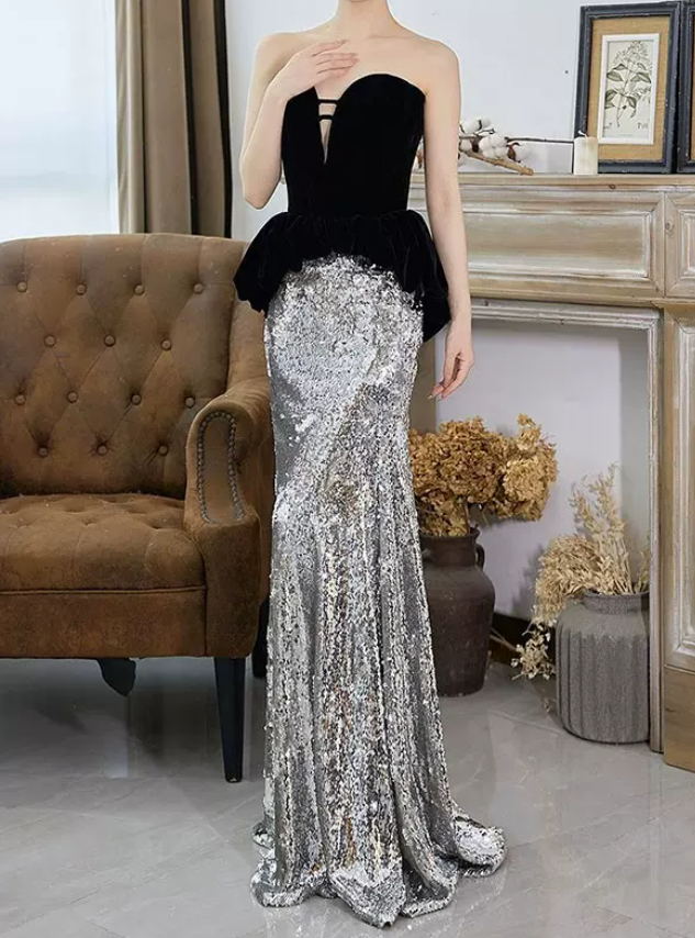 Glittering Strapless Black & Silver Prom Dress Sequins Mermaid Evening Dress C8917
