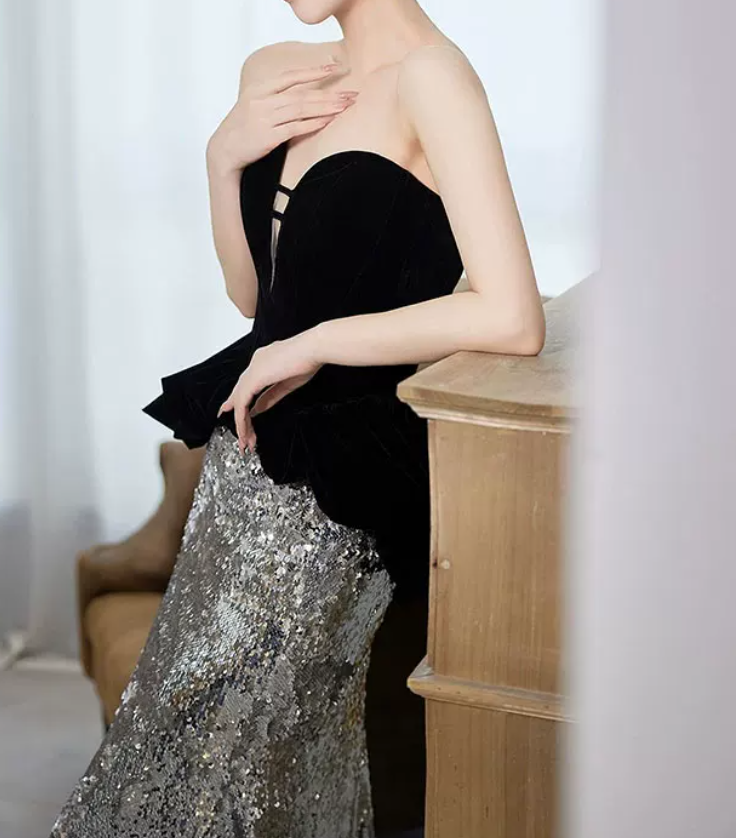 Glittering Strapless Black & Silver Prom Dress Sequins Mermaid Evening Dress C8917