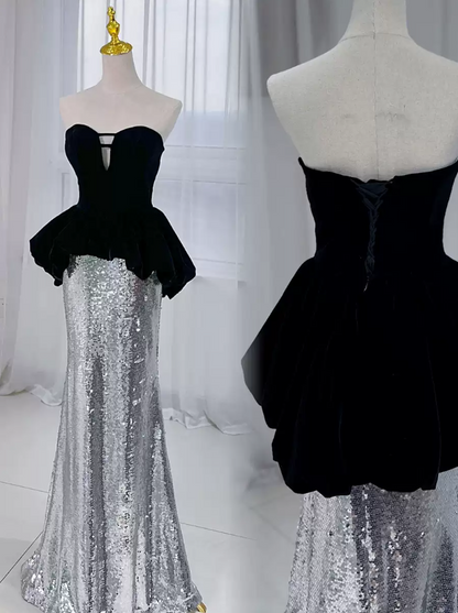 Glittering Strapless Black & Silver Prom Dress Sequins Mermaid Evening Dress C8917
