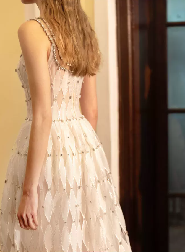 Graceful Spaghetti Straps White Prom Dress Crystals A-Line Evening Dress C8919