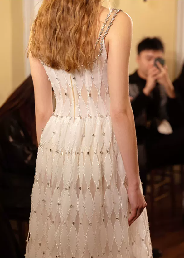 Graceful Spaghetti Straps White Prom Dress Crystals A-Line Evening Dress C8919