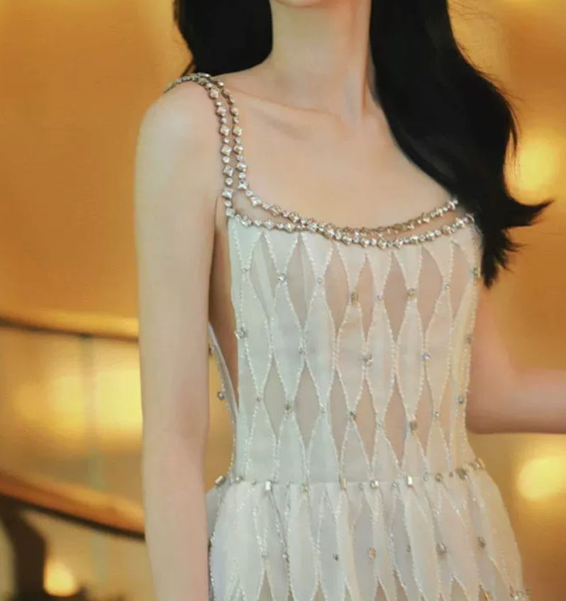 Graceful Spaghetti Straps White Prom Dress Crystals A-Line Evening Dress C8919