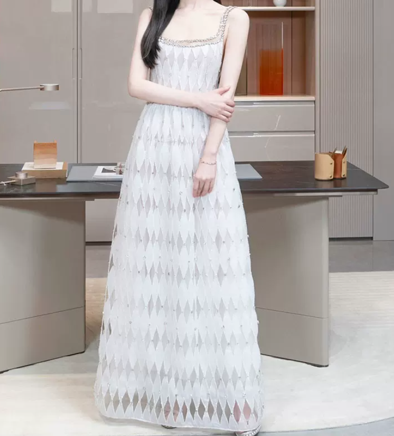 Graceful Spaghetti Straps White Prom Dress Crystals A-Line Evening Dress C8919