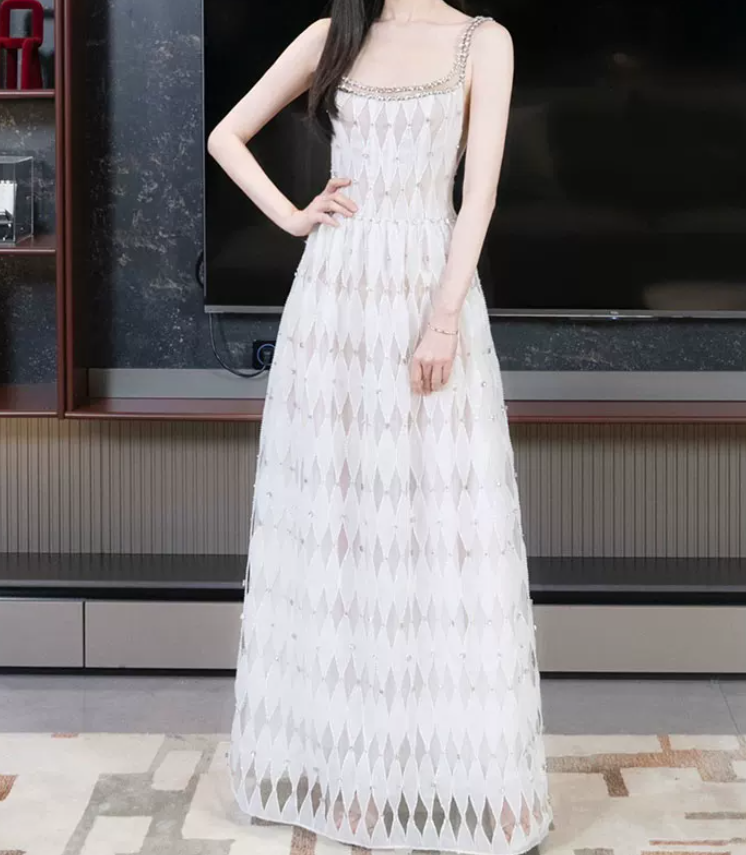 Graceful Spaghetti Straps White Prom Dress Crystals A-Line Evening Dress C8919