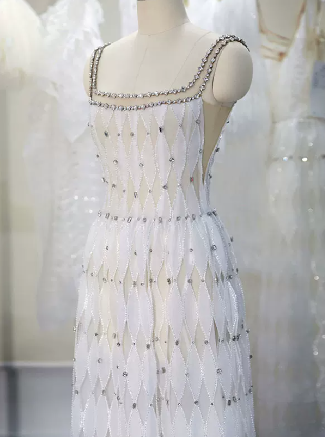 Graceful Spaghetti Straps White Prom Dress Crystals A-Line Evening Dress C8919