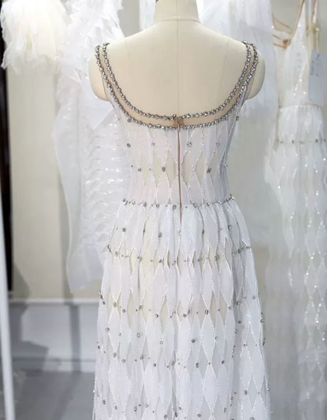 Graceful Spaghetti Straps White Prom Dress Crystals A-Line Evening Dress C8919