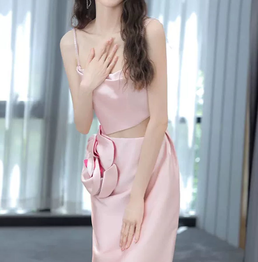 Vintage Spaghetti Straps Pink Prom Dress Cutout Handmade Flowers A-Line Evening Dress C8920