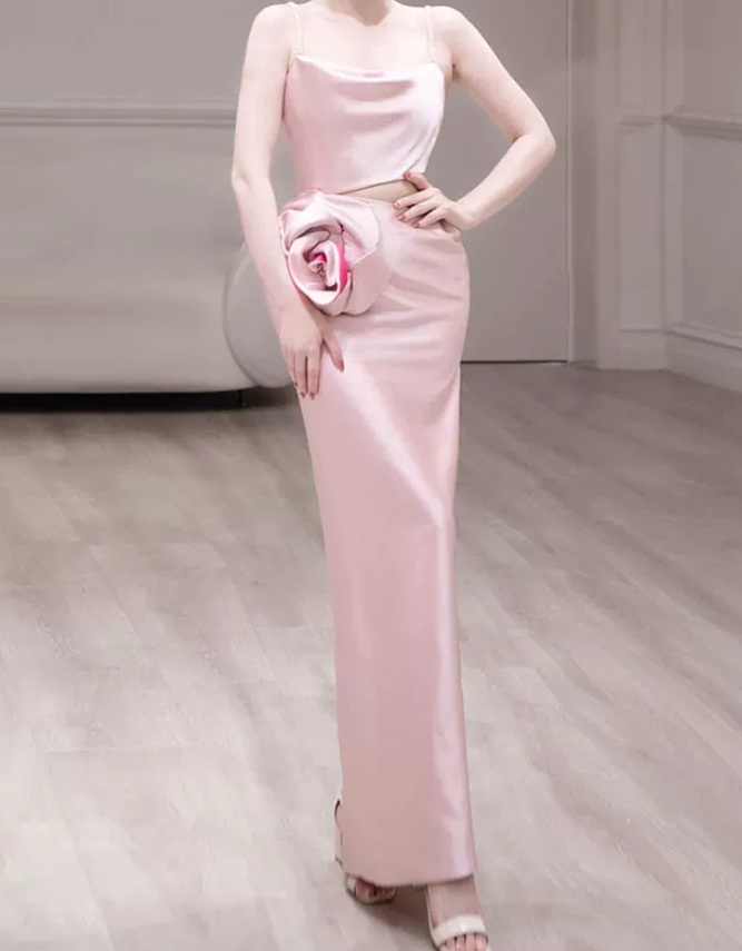 Vintage Spaghetti Straps Pink Prom Dress Cutout Handmade Flowers A-Line Evening Dress C8920