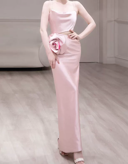 Vintage Spaghetti Straps Pink Prom Dress Cutout Handmade Flowers A-Line Evening Dress C8920
