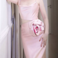 Vintage Spaghetti Straps Pink Prom Dress Cutout Handmade Flowers A-Line Evening Dress C8920